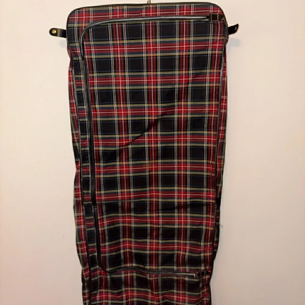 Vintage Tartan Plaid Hanging Suit Garment Bag - Leather Handle Original Hardware